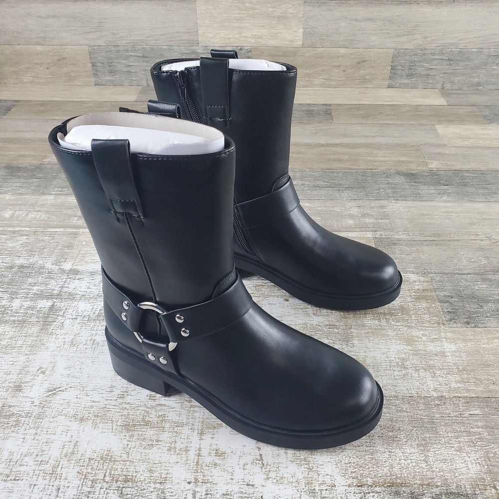 The Drop Rocky‎ Harness Ankle Boots Sz 6.5 Black Moto Studded O-Ring Mid-Calf